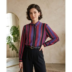 Vintage Jon Tagia Striped Button Down Blouse Red Purple Black Small