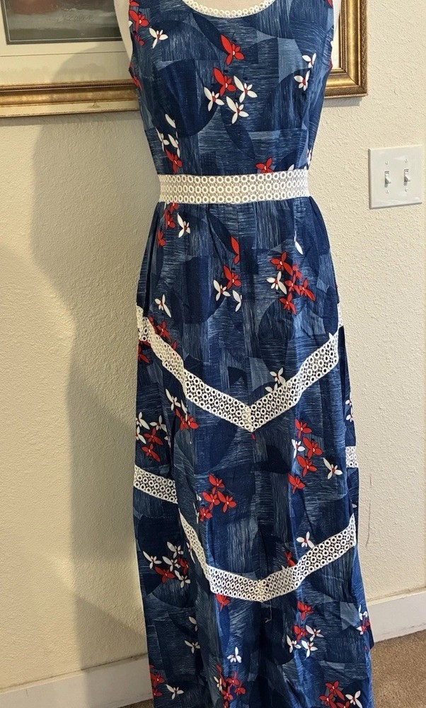 Vtg Mitch Robert’s Red White & Blue Hawaiian Maxi Dress