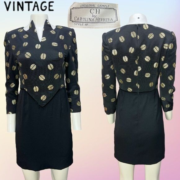 AMAZING RARE 80’s CH by Carolina Herrera Original Sample Black & Gold Dress