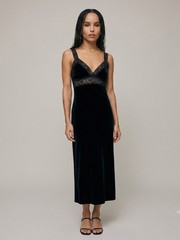 Vintage Betsey Johnson Black Velvet Lace Trim Slip Midi Dress – Small 🇺🇸