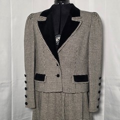 Louis Feraud Paris Vintage Women’s Wool Houndstooth Skirt Suit 42 EU Velour Trim