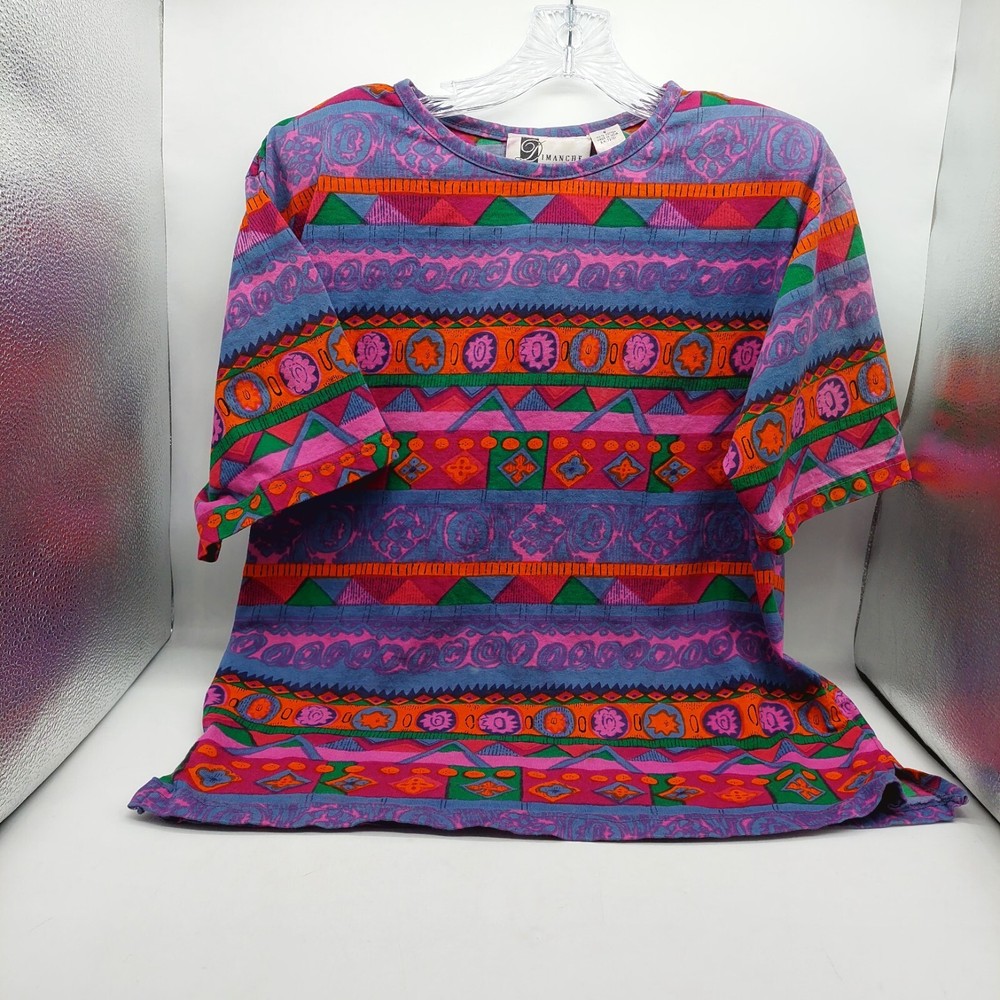Dimanche Vintage 80’s Womens Shirt Size Small Multi-colored Short Sleeve Geometr