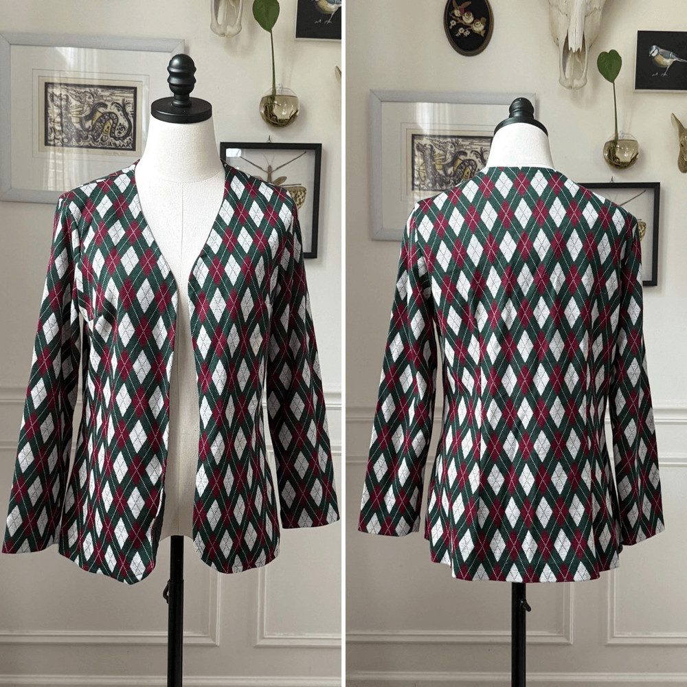 Vintage 70s Polyester Knit Argyle Cardigan Blazer Green Burgundy M