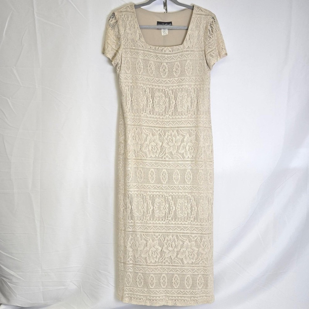 Giorgio Sant’ Angelo Lace Shift Maxi Dress, Cream/Gold Shimmer, Size 5/6, Vtg