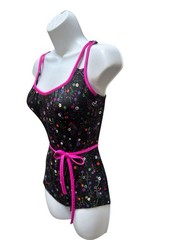 Vtg 80s Gabar Ditsy Floral Bathing Suit 10 One Piece Belt Tie Black Colorful Wow