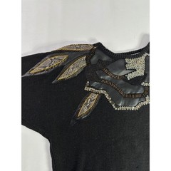 Donagain Vintage Sz L 80s Black Beaded Leather Applique Ramie Cotton Sweater