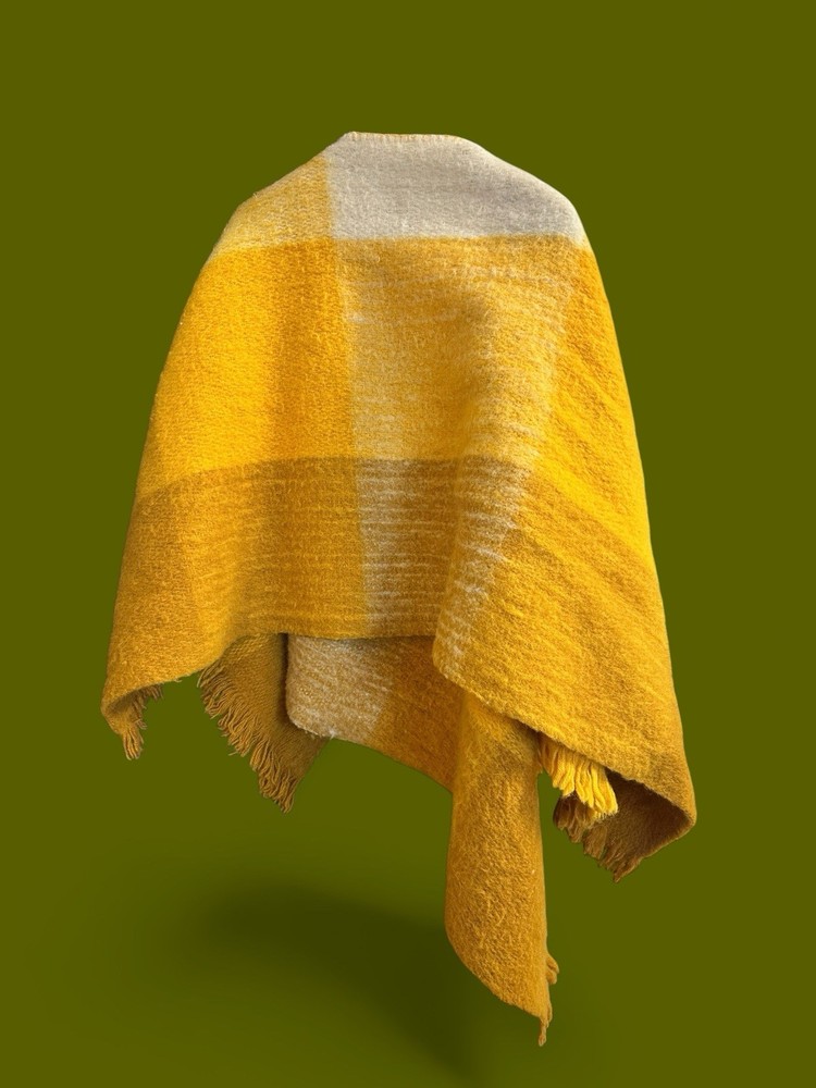 Genuine Vintage 1970s Yellow Plaid Wool Poncho/Blanket -Hippie Boho Flower Power