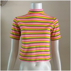 VTG 60s 70s Mod Stripe Mock Neck Top XS Small Talon Zip Neon Surf Knit Resort