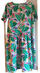 Vintage 80s Cotton Dress Tropical Palm Leaf Drop Waist 12 10 L Green Pink White