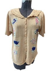 Jantzen Petites Ramie Cotton Hand Embroidered Sweater Top-Peach Beige VTG 1980s