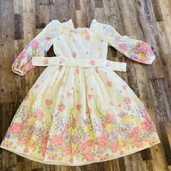 Vintage L Dress Prairie Floral Homemade Cottagecore Sheer Sleeves Ruffles Gunne