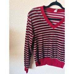 Vintage 80s Red Grey Striped Velour V-Neck Pullover Top Womens Small Singapore