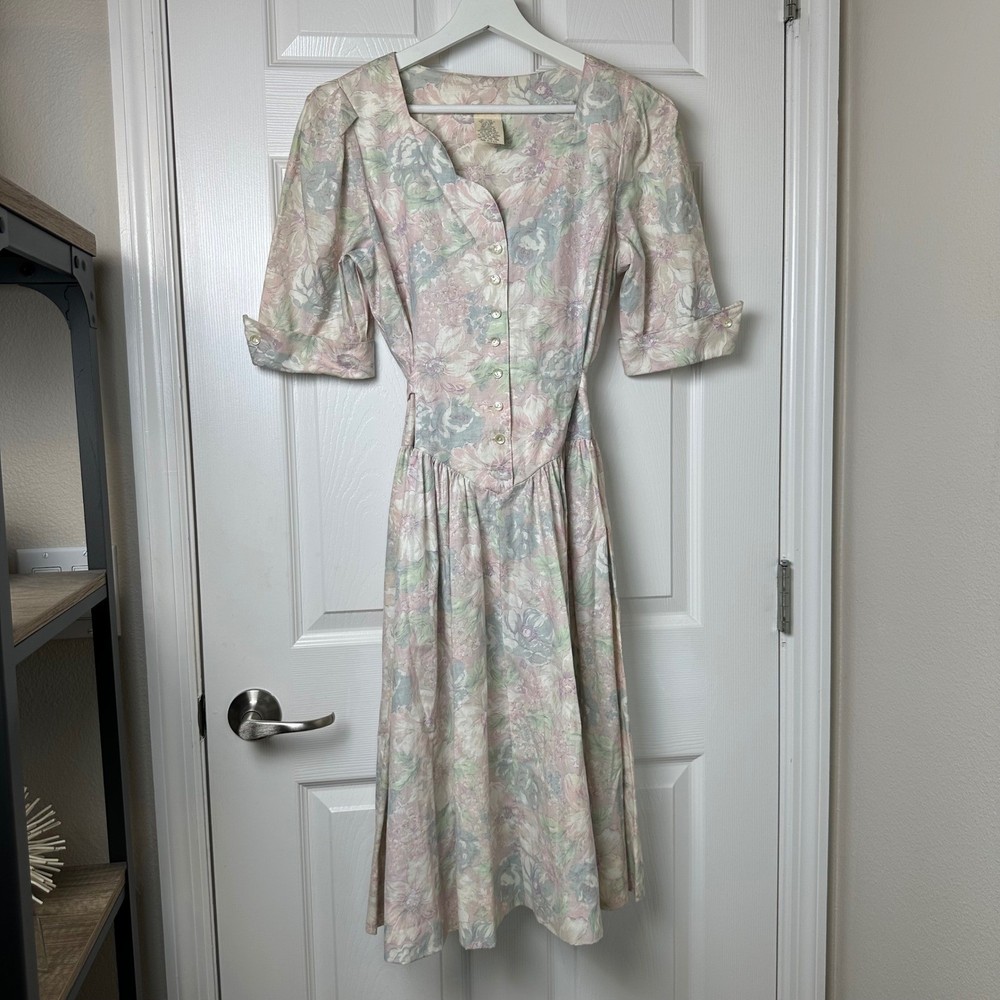 Floral Vintage Prairie Cottagecore Midi Dress Sm Pastel Pink Blue Dropped Waist