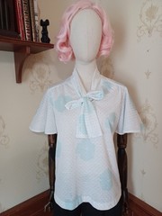 Vintage 1970s/80s Fire Islander Pastel Aqua Polka-dot Pussybow Secretary Blouse