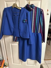80s 90s Work Midi Dress Set 2 Pc Jacket Blue Striped Business Med 6 High Neck 36