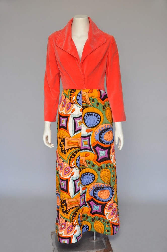 Vintage 1970s Psychedelic Print Quilted Silk Velvet Maxi Skirt Dress Boho Hippie