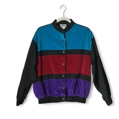 Fashion Crossroads Vintage Colorblock Velvet Bomber Jacket Black Teal Purple M