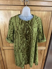Vintage 70s Made In Hawaii M L 42” Hawaiian Twill Dress Green Loop Buttons