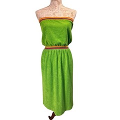 Vintage 70s Green Terry Cloth Tube Dress Rainbow Stripe Elastic Vicky Vaughn 5