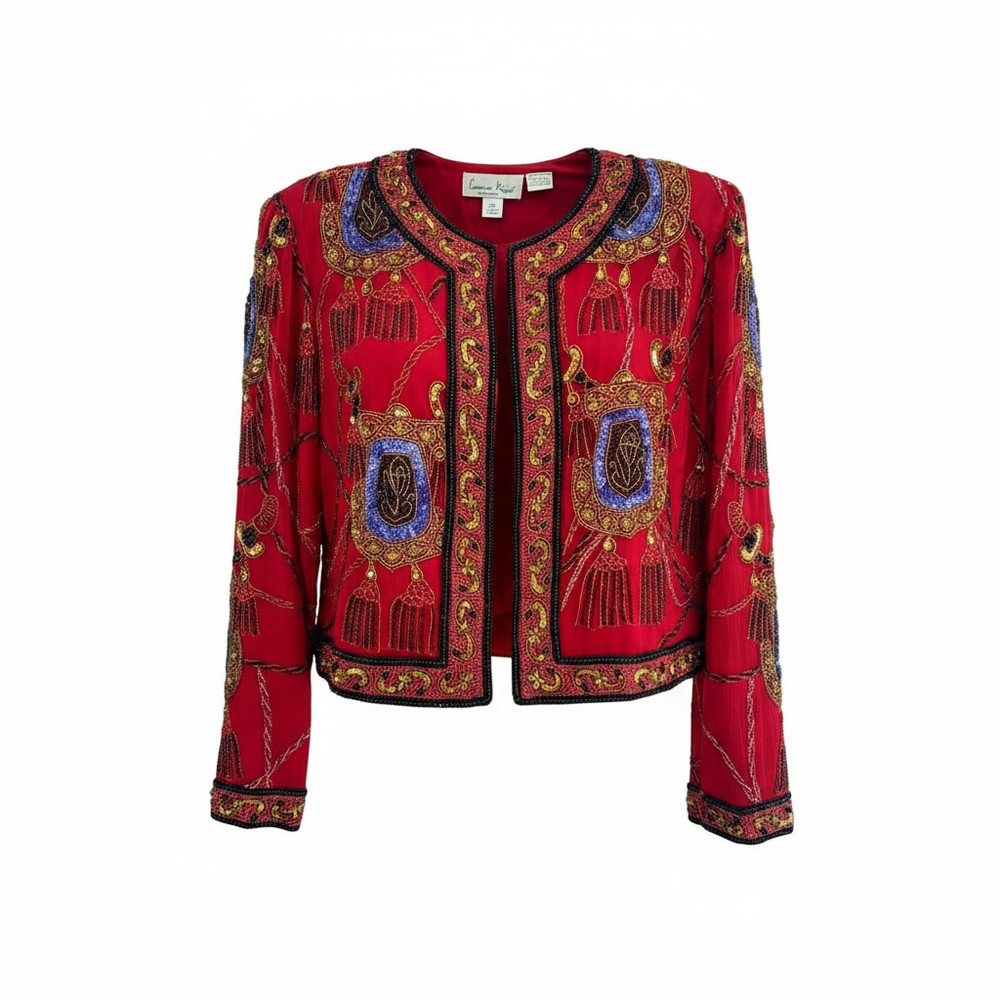 Laurence Kazar 100% Silk Red Beaded Jacket Top Tassel Cord Size S Vntg 90s Glam