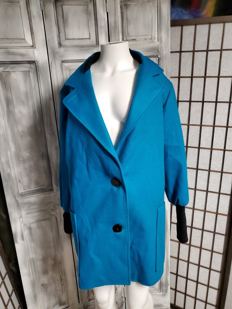 turquoise 100% Wool Casa De Lana Sweater Coat Jacket 80s Vtg M shoulder pads euc
