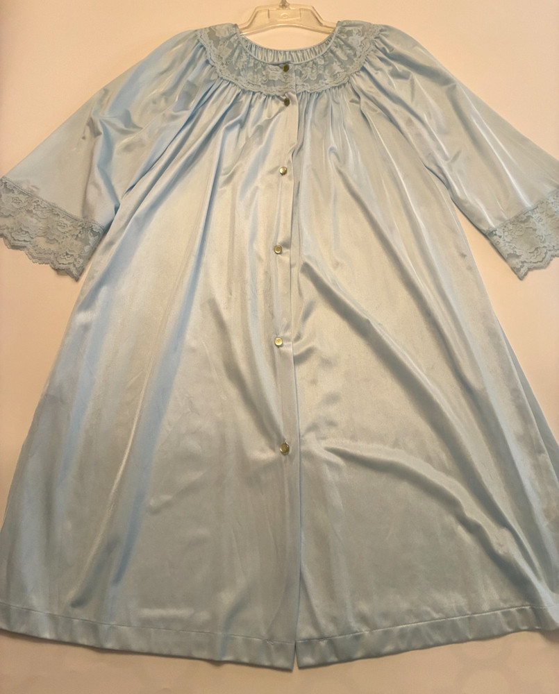 Vintage GILEAD DRESSING ROBE Medium POWDER BLUE Sheer Nylon Midi LACE Babydoll