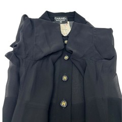 CHANEL Vintage 94A CC Logo See-through One-piece #38 Black Gold Wool Button