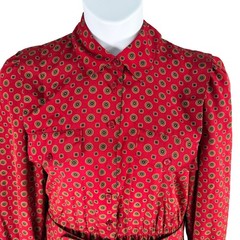 Appleseeds Vintage Red Medallion Print Pleated Midi Shirt Dress 12P Belted