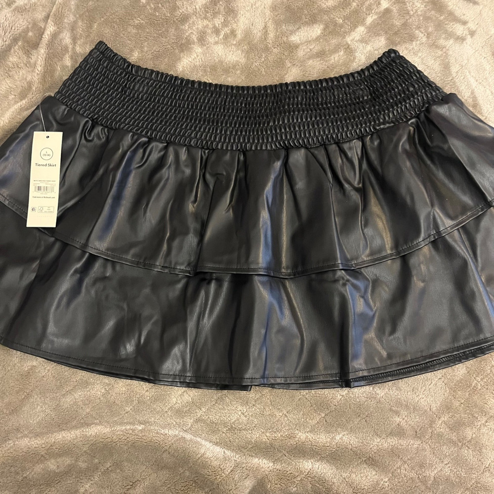 No Boundaries Black Faux Leather Tiered Mini Skirt Size L 12-14 NEW Y2K club