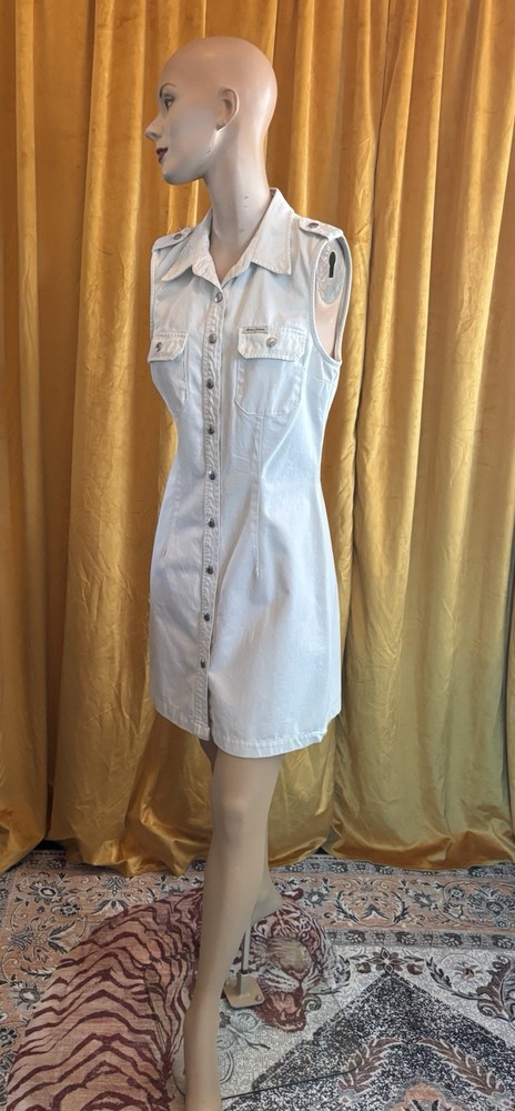 Vintage 1990s Guess Jeans Cream Denim Sleeveless Bodycon Snap Front Dress Size 9