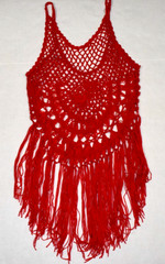 Vintage Crocheted Tank Top Size S/M 70s Cherry Red Silky Thread Long Fringe