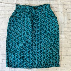 80s vtg ESPRIT SPORT All Over Print AUDIENCE Graphic Jean Skirt DENIM Pencil Blu