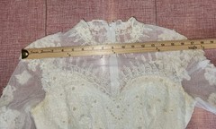 VTG 1970s Beaded Wedding Dress High Neck Illusion Lace Angel Sleeve ILGWU Train