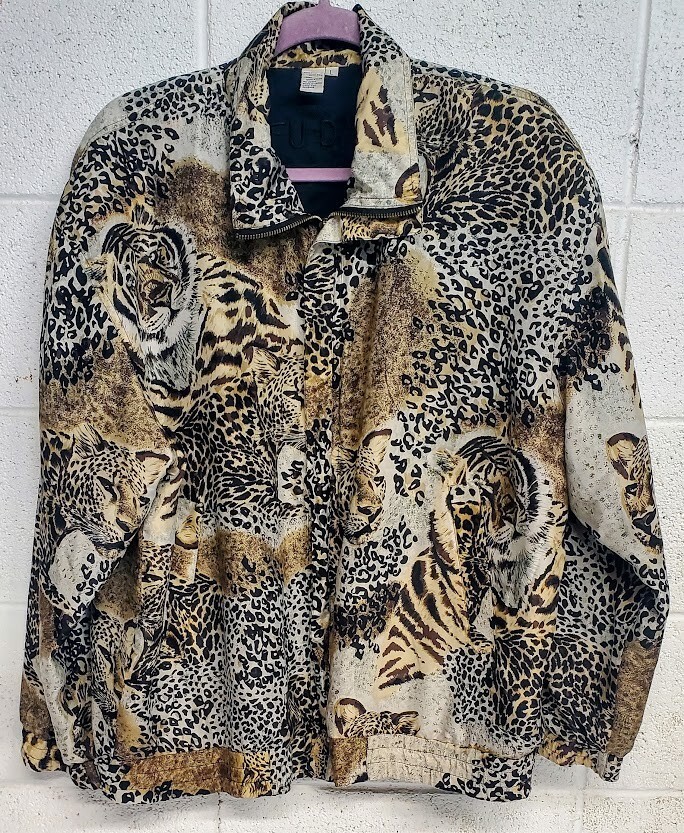 Vtg Jacket Animal Print Silk Designer Bomber L FUDA International 90s