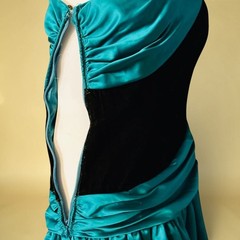 Nolan Miller Dynasty One Shoulder Teal Taffeta Formal Gown Bow Velvet Bodice 80s