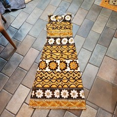 Vintage 60s Boho Brown Floral Barkcloth Keone True Hawaiian Maxi Dress Sz S/M