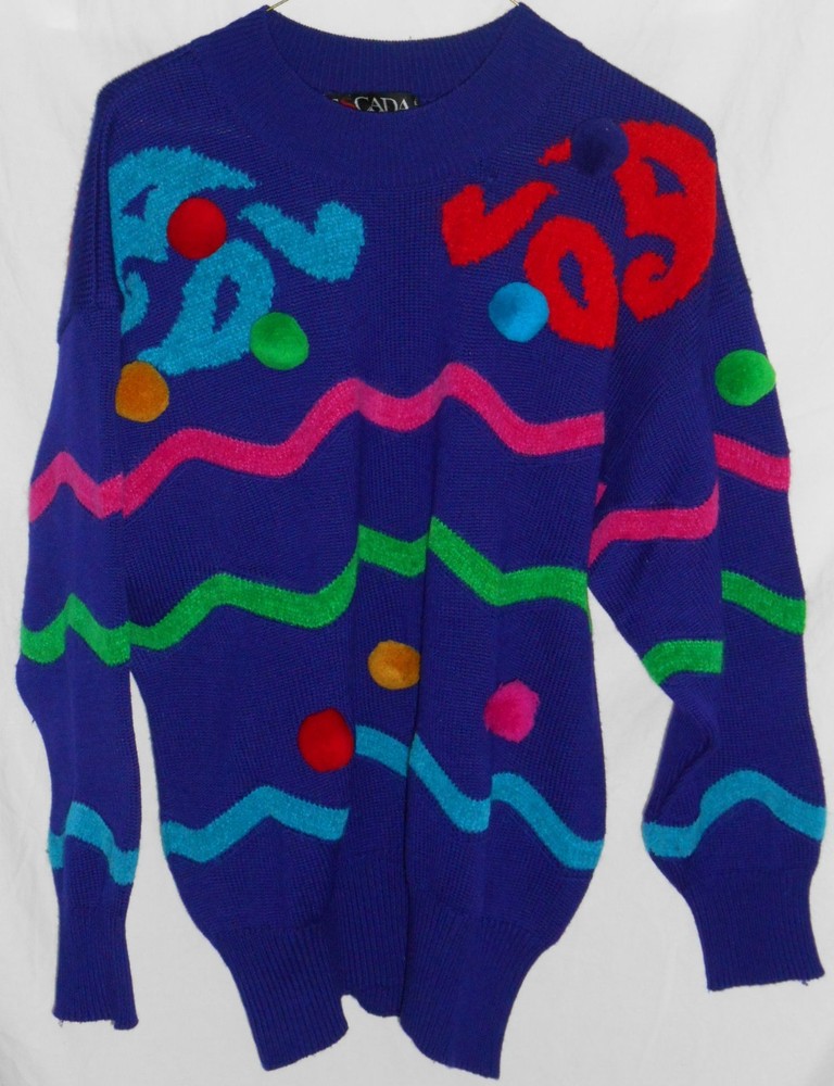 ESCADA Vintage Pullover Sweater Purple 10 40 Pom Pom Purple Red Green Pink Blue