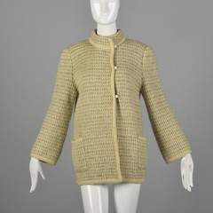 L Cream Knit Jacket 1970s Loose Knit Winter Weight Cardigan Sweater Coat 80s VTG