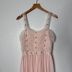 Vintage Rogers Pink Tulle Floral Embroidered Midi Dress Coquette Fairy Womens 34