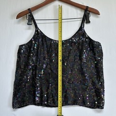 VTG 100% Silk Sequins Beaded Spaghetti Black Strap Top Spell Bound Size Medium