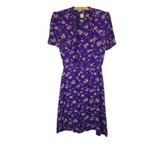 Vtg 70s Crepe Dress Purple Floral M Tie Neck Mini Covered Buttons 40s Style VLV