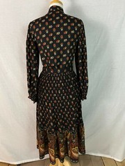Vtg 70s NON-STOP 2 PC Set Skirt Blouse Puffy Sleeve Black Floral Paisley Hippy M