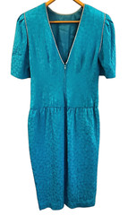 Vintage 80s AJ Bari Silk Teal Low Back Dress Sequence Rhinestone Puff Sleeve 8