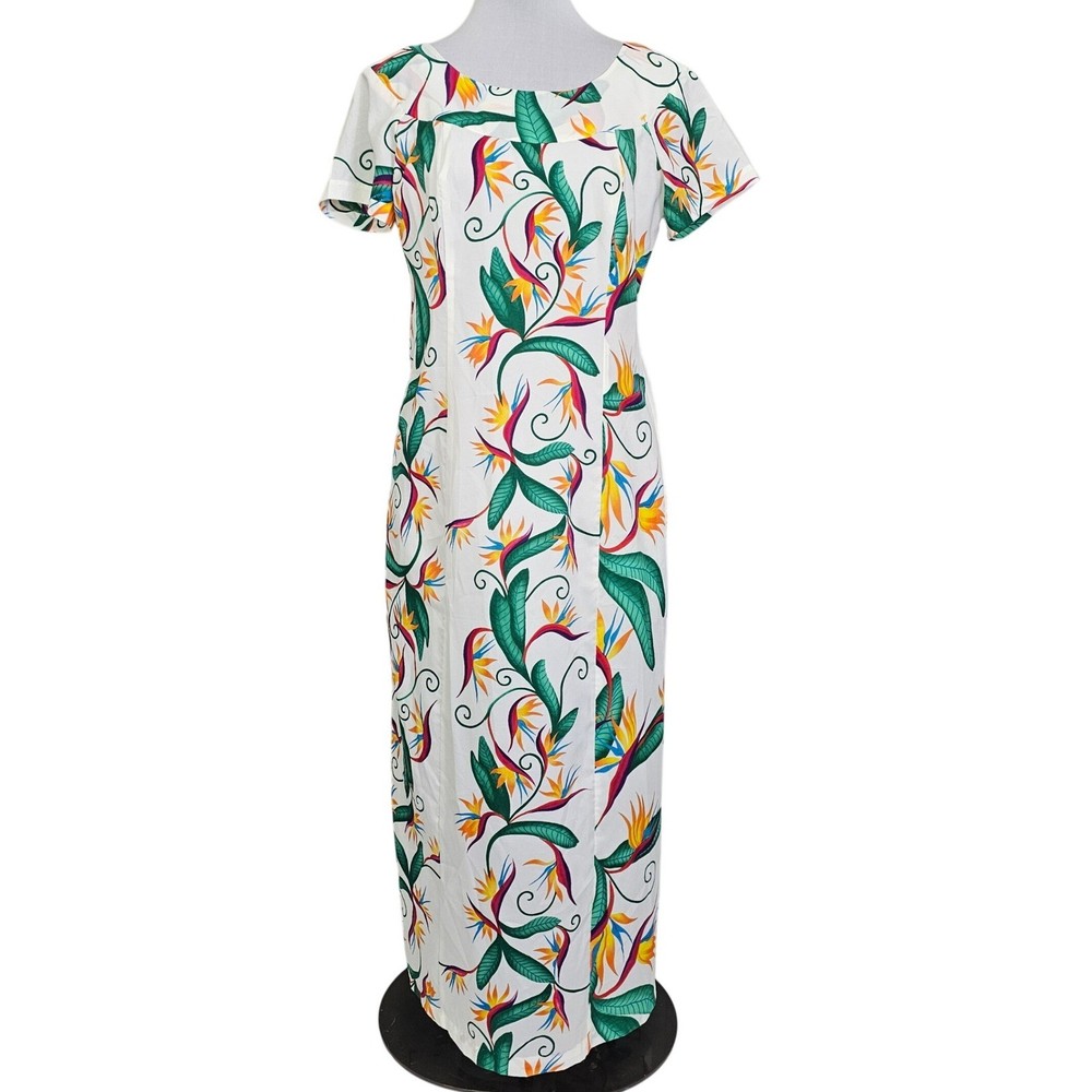 Vintage Hilo Hattie Hawaii Bird of Paradise Muumuu Tropical Waterfall Back Tiki