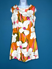 Vtg 60s Richard Douglas Hawaiian Barkcloth Mini Dress MOD BRIGHT Floral Sz S/M