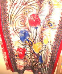 Vintage Long Silky Tulip -& Roses Lagenlook Loose-fitting Short-Sleeve Kaftan L