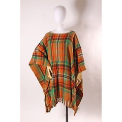 1960s Orange, Black and Green Plaid Fringe Hem Fall Poncho