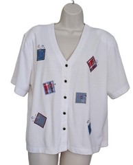 Vintage Women’s XL Stephanie K Shirt White V-neck Patchwork Appliques