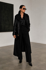 Vintage Leather Coat Real Leather Black Long 90s Teddy Collar Size 38-42