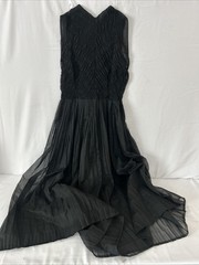 VTG. 1950’s Black Crystal Pleated Maxi Dress with Illusion Neckline Size-S